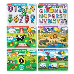 Wooden Peg Puzzle 6-Pack: Vehicles, Numbers, Safari, Farm, Pets, Alphabet><noscript><img width=