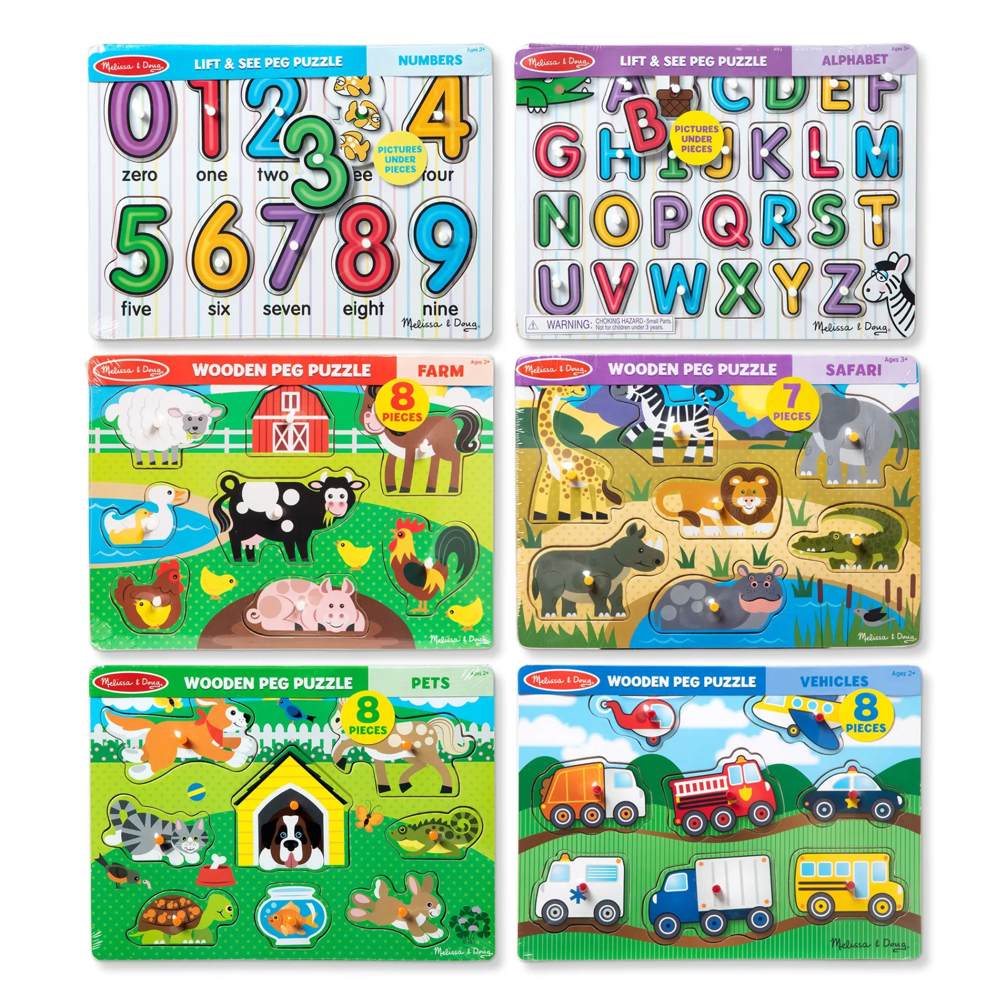 Wooden Peg Puzzle 6-Pack: Vehicles, Numbers, Safari, Farm, Pets, Alphabet>Melissa & Doug Hot